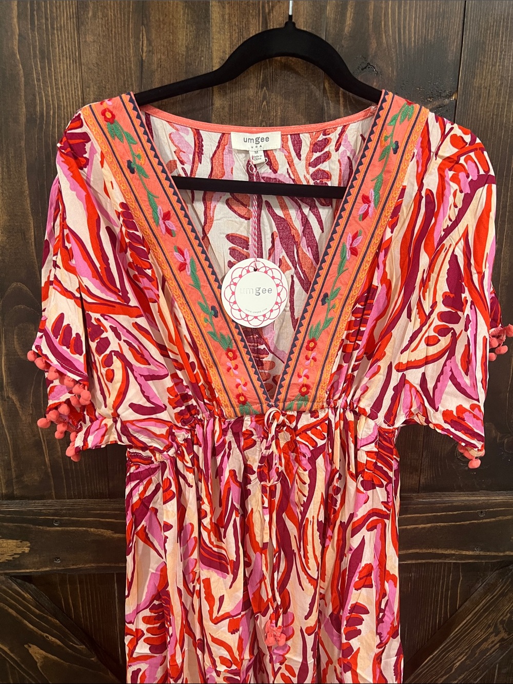 Umgee Red & Pink V-Neck Printed Midi Dress with Tassel Tie